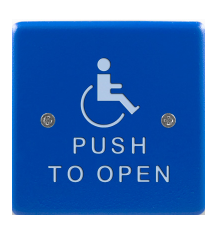 Show details for Bea 10PBS451B, 4.5" Blue Stainless Steel Square Push Plate W/ White Handicap Logo And "Push To Open" Text 10pbs451b
