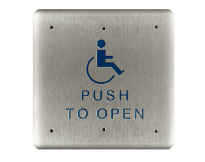 Show details for Bea 10PBS1, 4.75" Square Push Plate W/ Blue Handicap Logo And "Push To Open" Text 10PBS11