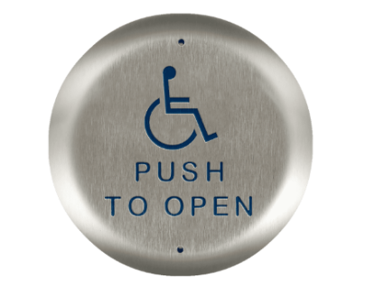 Show details for Bea 10PBR451, 4.5" Round Push Plate W/ Blue handicap logo and "Push to Open" text 10PBR4511
