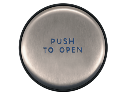 Show details for Bea 10EMR6 Panther 6 inch round Push Plate assembly W/ Blue "Push to Open" text 10EMR66