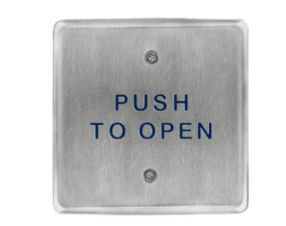 Show details for Bea 10PBS45, 4.5" Square Push Plate W/ Blue "Push To Open" Text, Stainless Steel 10PBS455