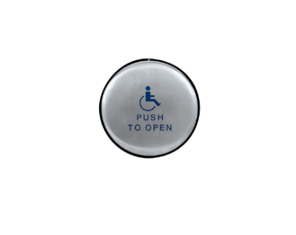 Show details for Bea 10EMR61 Panther 6 inch round Push Plate assembly W/ Blue Handicap Logo And "Push to Open" text 10EMR611