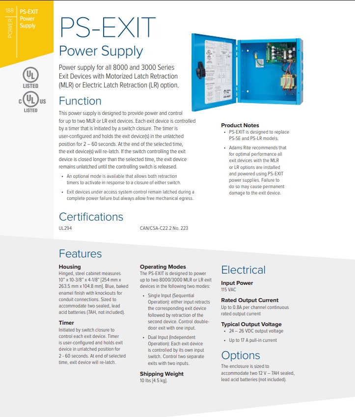 Picture of Adams Rite PS-Exit, Power Supply For LR/MLR Device, 115/230 VAC Input, 1.6 AMP Output, Controls Up to 2 Devices