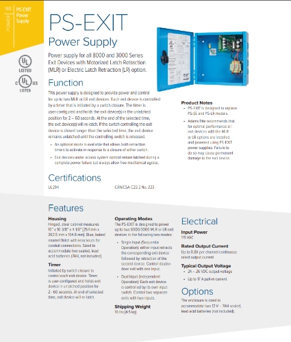 Picture of Adams Rite PS-Exit, Power Supply For LR/MLR Device, 115/230 VAC Input, 1.6 AMP Output, Controls Up to 2 Devices