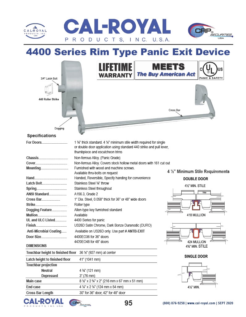 Picture of Cal-Royal 4400EO Rim Cross Bar Exit Panic Device