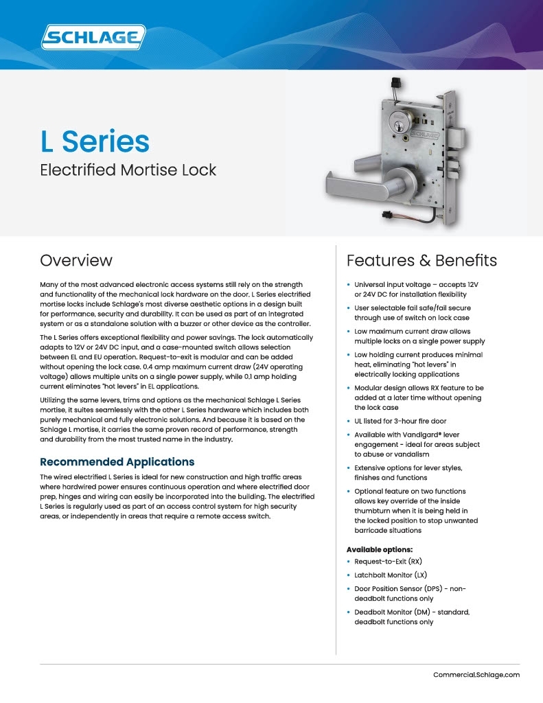 Picture of Schlage L9092EU-12  Mortise Lock, Electrically Lock/Unlock Outside Lever W/Cylinder Outside - Fail Secure