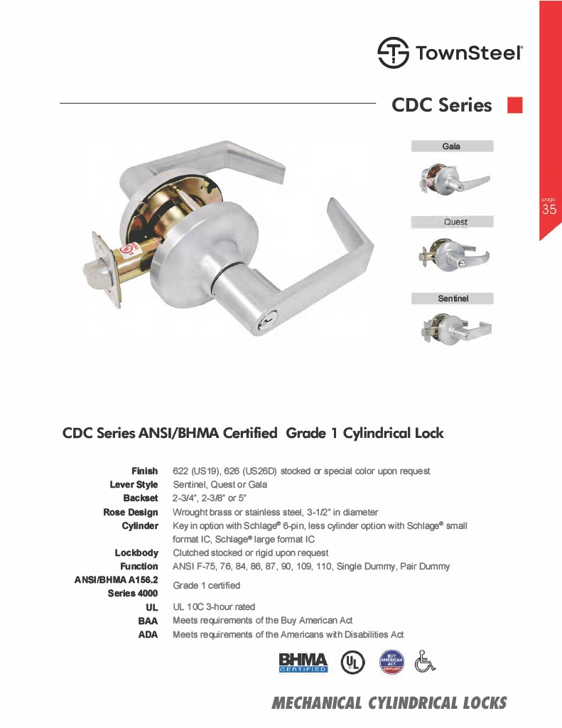 Picture of TownSteel CDC-75-S 626 Passage Clutched Cylindrical Lockset - Satin Chrome