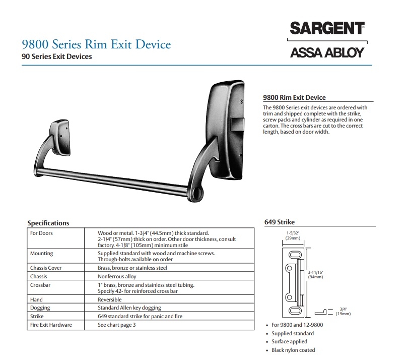 Picture of Sargent 9898 Rim Exit Device - 44"