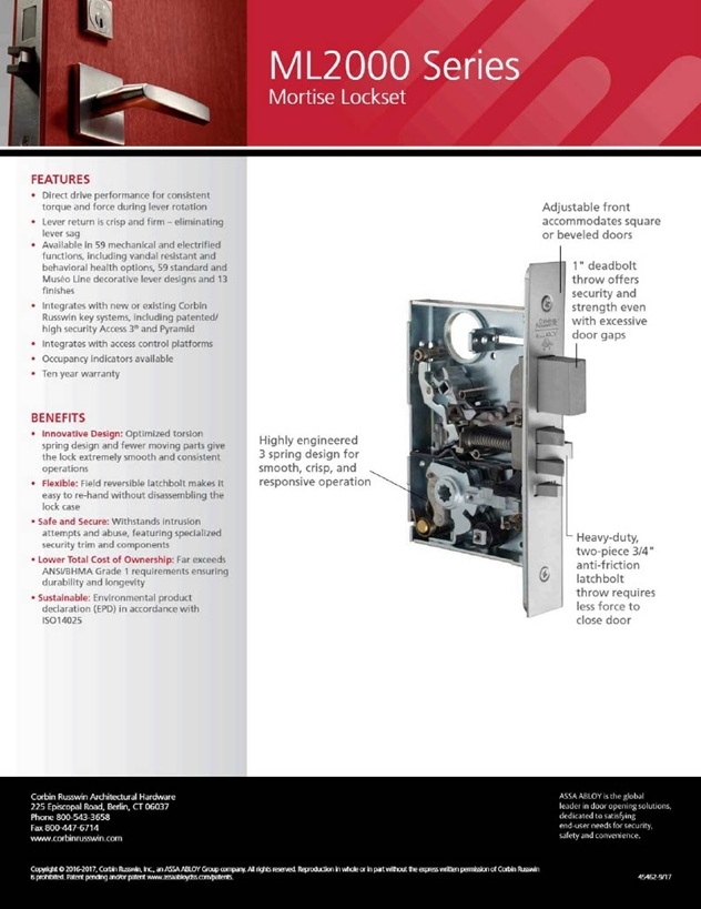 Picture of Corbin Russwin ML2010 PSM Passage or Closet Mortise Lock, PS Lever, M Escutcheon
