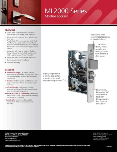 Picture of Corbin Russwin ML2029 PSM Hotel or Motel Mortise Lock, PS Lever, M Escutcheon