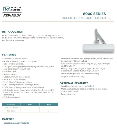 Picture of Norton Rixson 8501/8501H Multi-Sized Door Closer