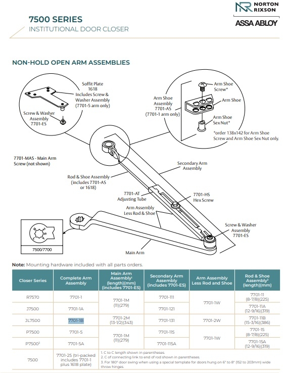 Picture of Norton Rixson 7701-1B, JL Top Jamb Arm Assembly, Non-Hold Open