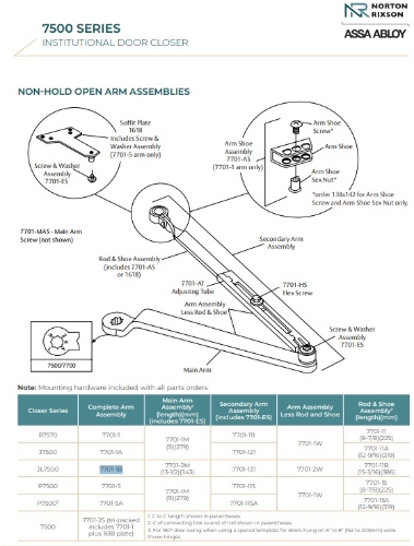 Picture of Norton Rixson 7701-1B, JL Top Jamb Arm Assembly, Non-Hold Open