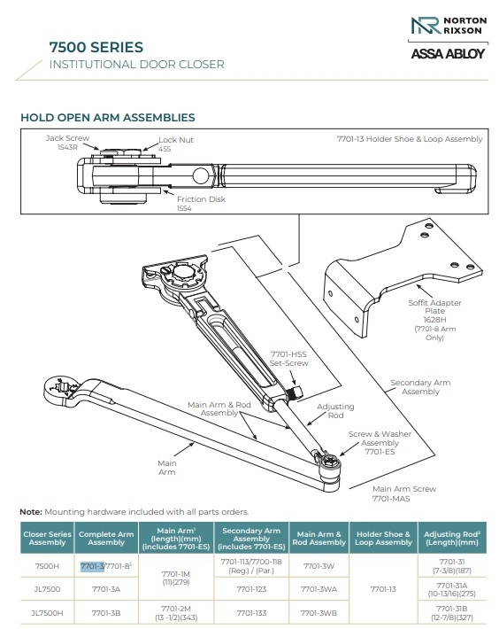 Picture of Norton Rixson 7701-3 Regular Arm Assembly, Hold Open