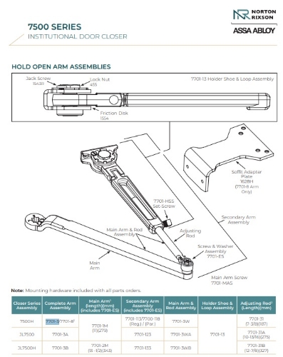 Picture of Norton Rixson 7701-3 Regular Arm Assembly, Hold Open