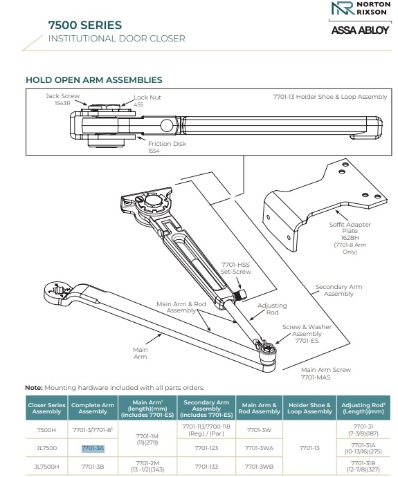 Picture of Norton Rixson 7701-3A, J Top Jamb Arm Assembly, Hold Open