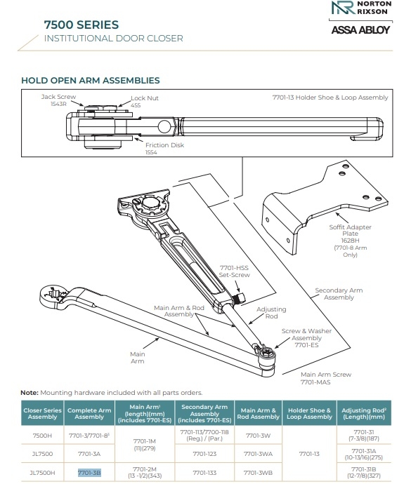 Picture of Norton Rixson 7701-3B, JL Top Jamb Arm Assembly, Hold Open