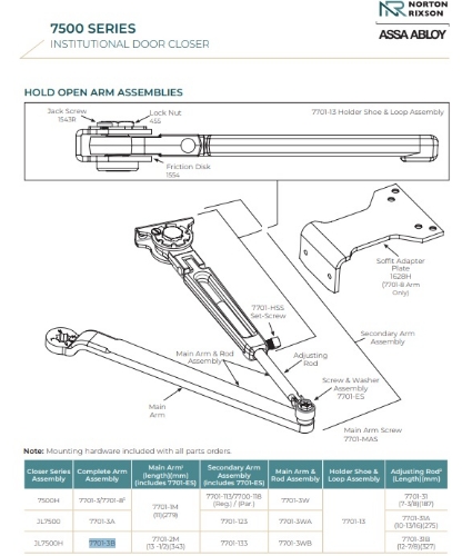 Picture of Norton Rixson 7701-3B, JL Top Jamb Arm Assembly, Hold Open