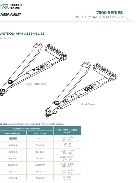 Picture of Norton Rixson J6100-4 Top Jamb Unitrol Arm Assembly, Non-Hold Open, Frame Reveals 2-1/8" to 3-1/4"