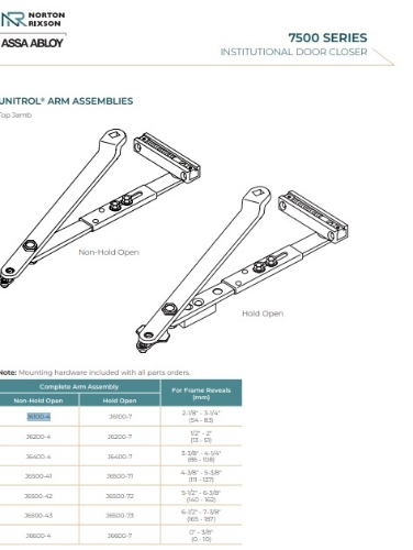 Picture of Norton Rixson J6100-4 Top Jamb Unitrol Arm Assembly, Non-Hold Open, Frame Reveals 2-1/8" to 3-1/4"