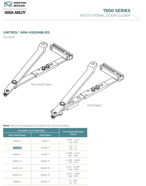 Picture of Norton Rixson J6200-4 Top Jamb Unitrol Arm Assembly, Non-Hold Open, Frame Reveals 1/2" to 2"