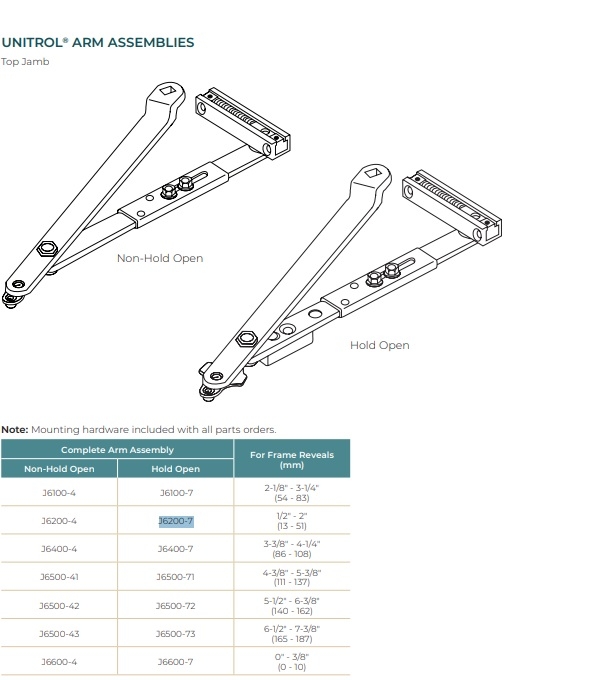 Picture of Norton Rixson J6200-7 Top Jamb Unitrol Arm Assembly, Hold Open, Frame Reveals 1/2" to 2"