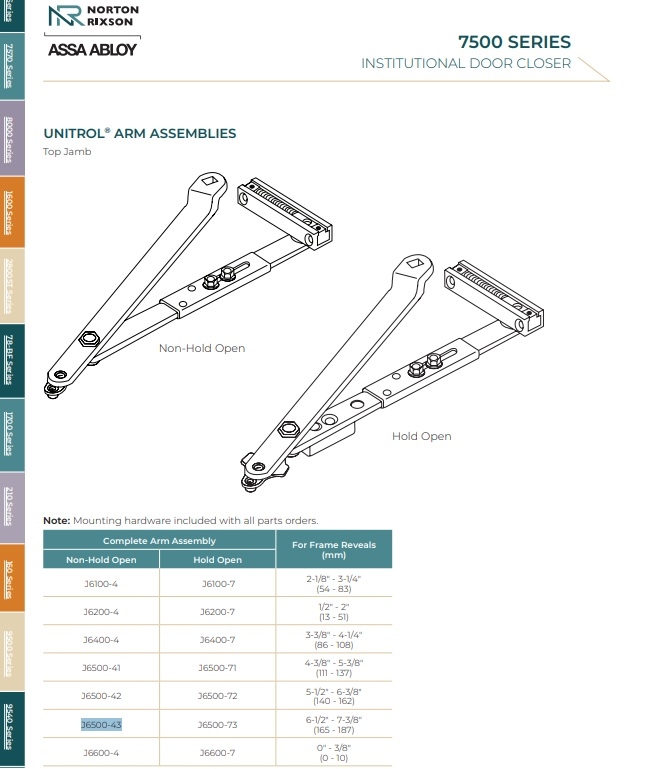 Picture of Norton Rixson J6500-71 Top Jamb Unitrol Arm Assembly, Hold Open, Frame Reveals 4-3/8" to 5-3/8"