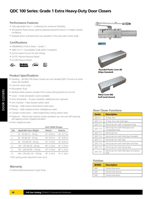 Picture of Stanley QDC112 R Grade 1 Extra Heavy Duty Door Closer - Fully Adjustable - Cast Iron Body - Tri-pack arm with Hold-Open - Full Sized Rounded  Plastic Cover