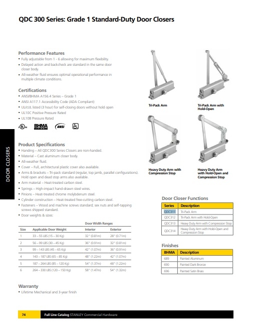 Picture of Stanley QDC311-NC Grade 1 Standard Duty Door Closer - Fully Adjustable - Cast Aluminum Body - Tri-pack arm - No Cover