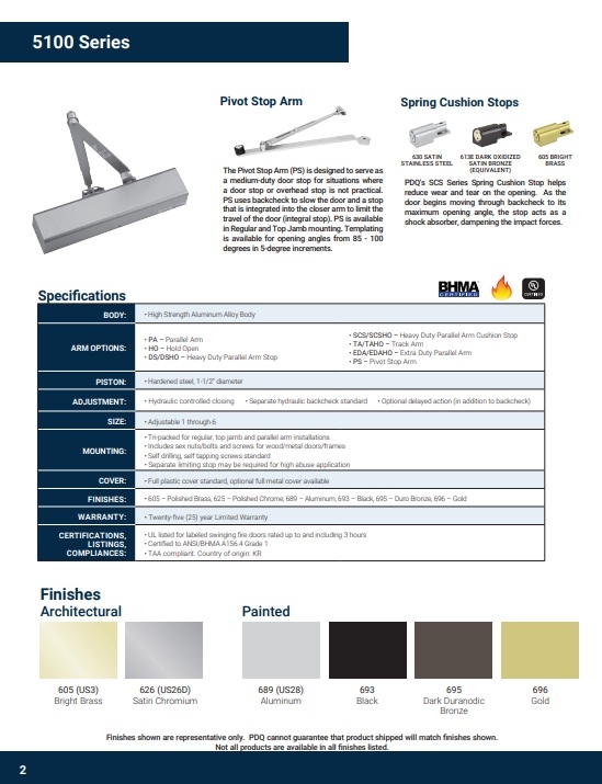 Picture of PDQ 5101-BC-PS Grade 1 Grade 1 Surface Door Closers, Backcheck, Pivot Stop Arm