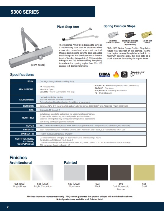 Picture of PDQ 5301-BC-EDA Grade 1 Commercial Closer, Slim Cover, Extra Duty - Hold Open Arm