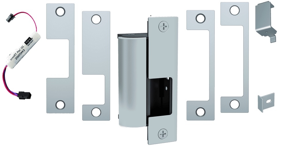 Picture of Hes 1006CS-630 Fail Secure, Complete 12/24VDC Electric Strike, SMART Pac II, J, KD, KM, HM and AD Faceplates, Satin Stainless Steel Finish