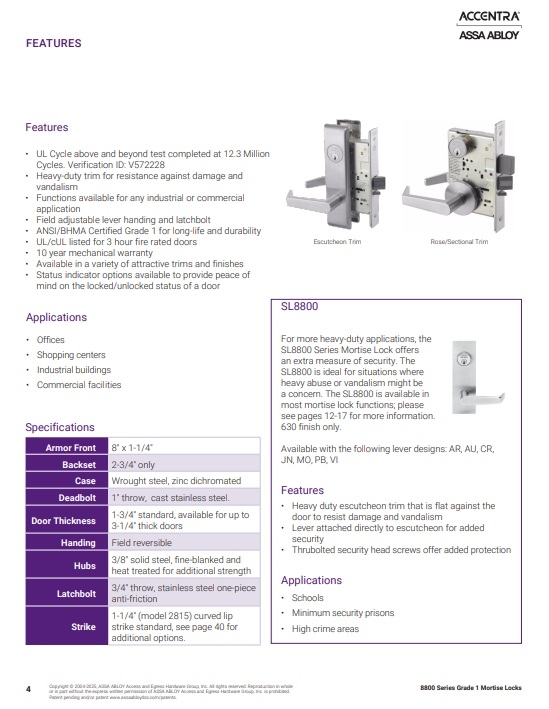 Picture of Accentra (Yale) CRCN8817-2FL Mortise Apartment, Exit or Public Toilet Lever Lock, Carmel Lever