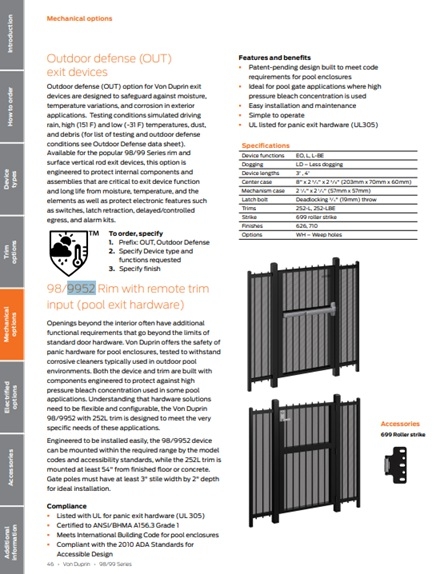Picture of Von Duprin 9952EO 3 26D Grade 1 Pool Gate 36" Exit Device, Weather Resistant, Exit Only, Less Trim, Satin Chrome Finish