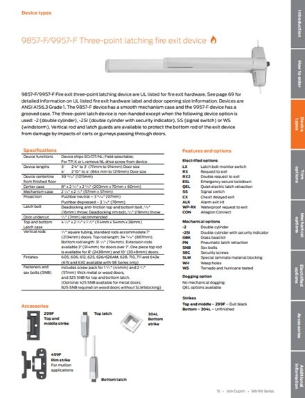 Picture of Von Duprin 9857EO-F / 9957EO-F  Three-Point Latching Fire Exit Device