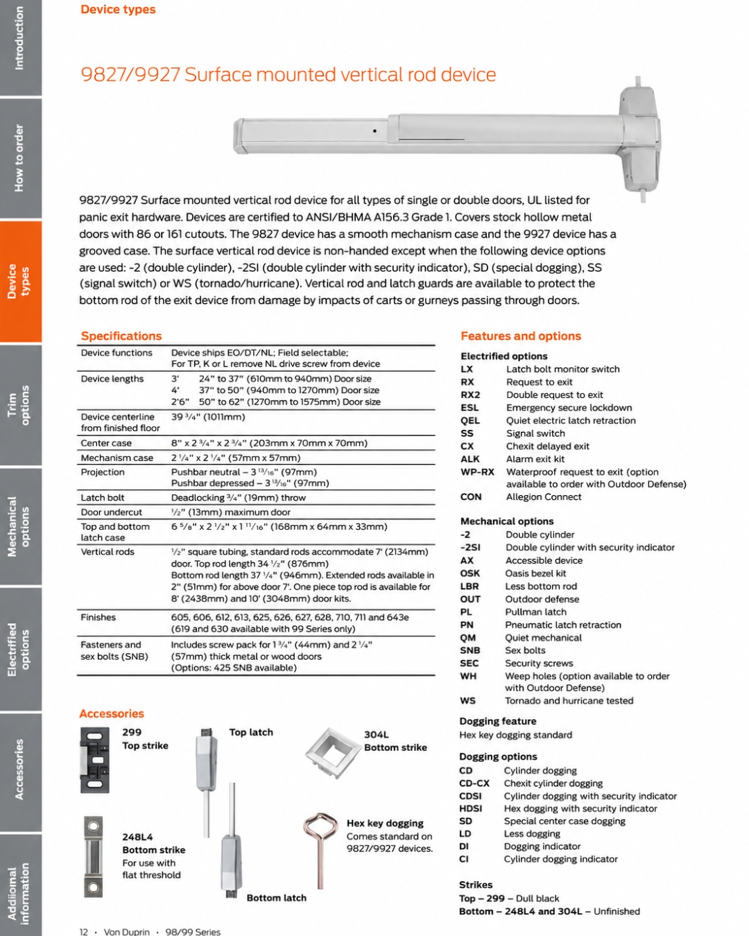Picture of Von Duprin 9827TP-BE / 9927TP-BE Surface Vertical Rod Panic Exit Device, With Thumbpiece Trim